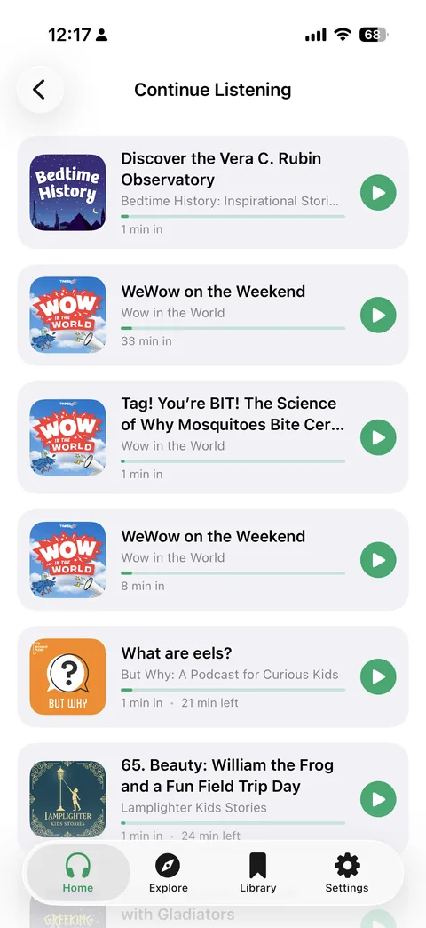 PodFocus Continue Listening list showing episodes resumed exactly where they paused