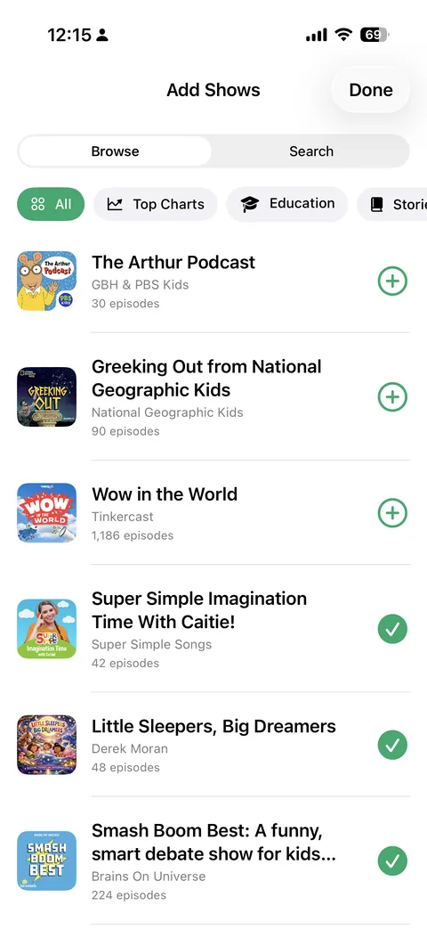PodFocus Add Shows browser showing the curated kid-safe podcast catalog